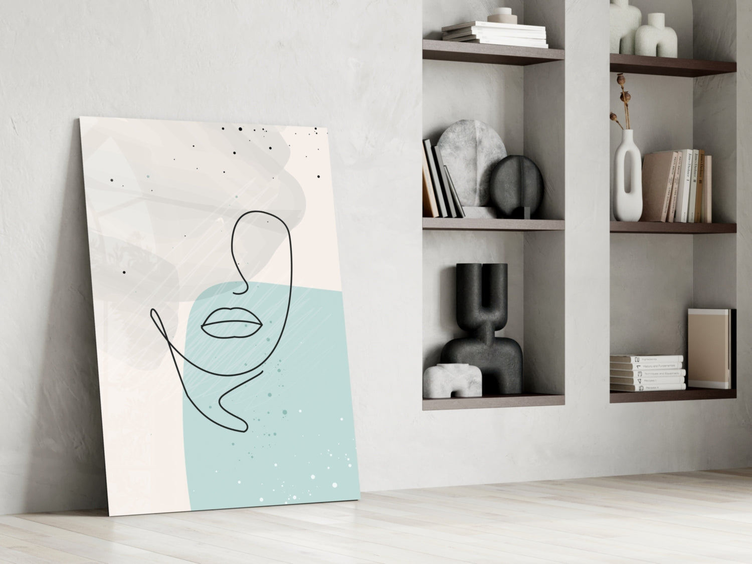 Mint Grey Line Face With Lips Glass Wall Art
