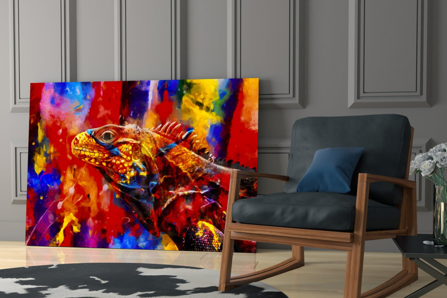 Vibrant Paint Splash Iguana Portrait Glass Wall Art