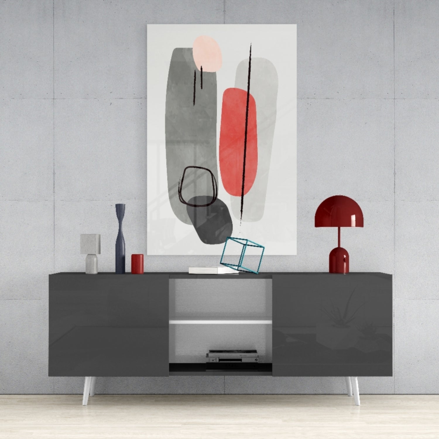 Grey Red Pebble Ovals Line Loops Glass Wall Art