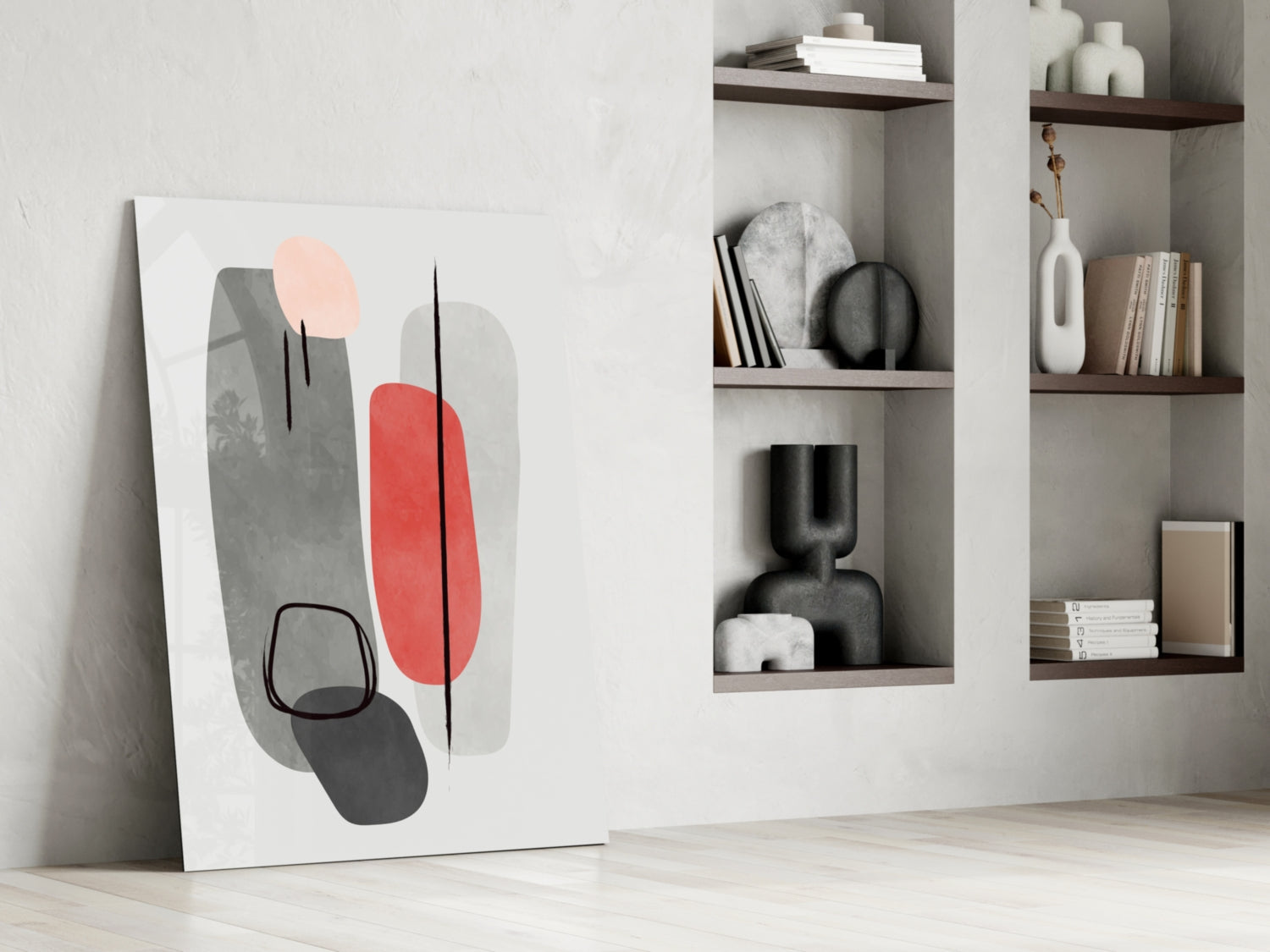 Grey Red Pebble Ovals Line Loops Glass Wall Art