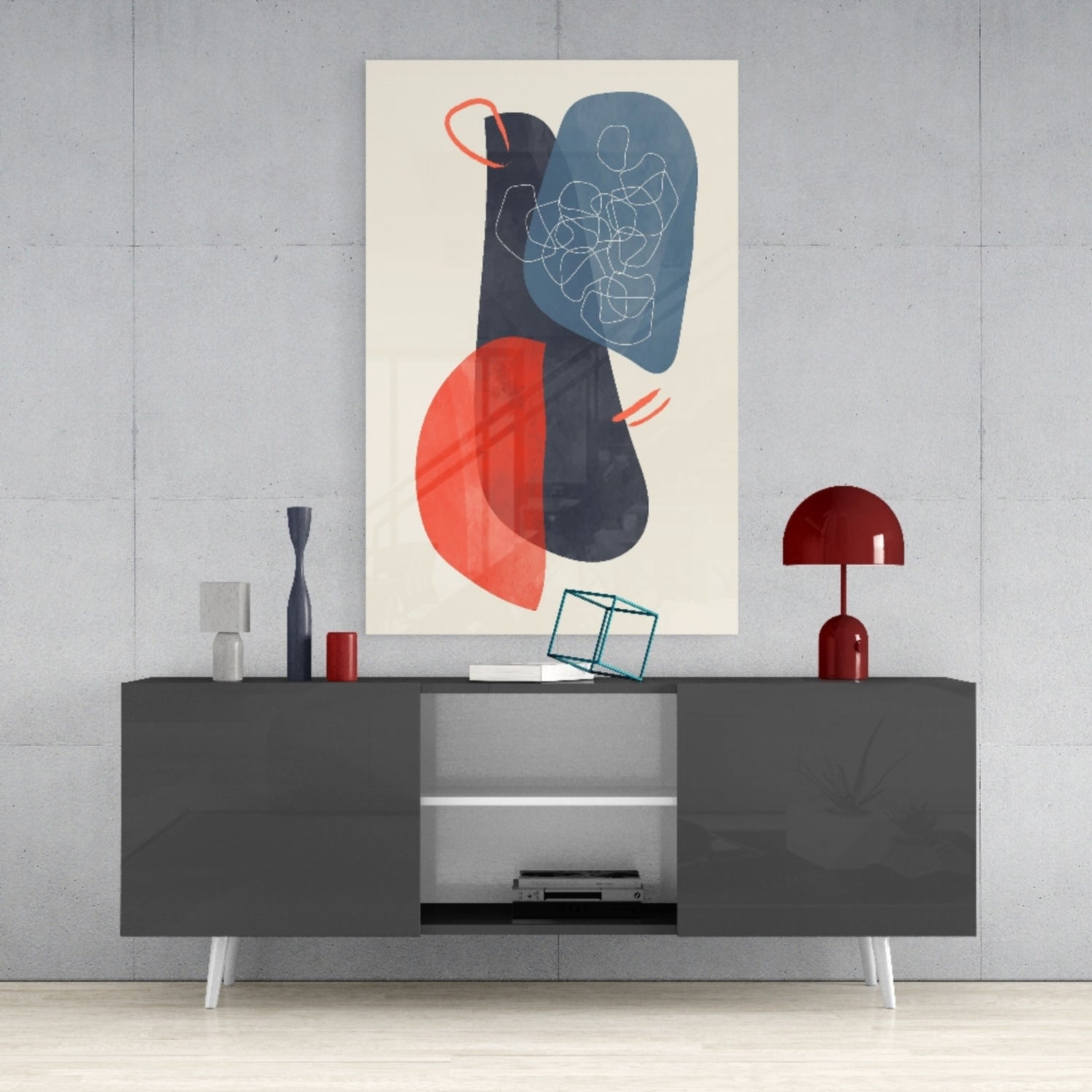 Navy Blue Red Scribble Blobs Glass Wall Art