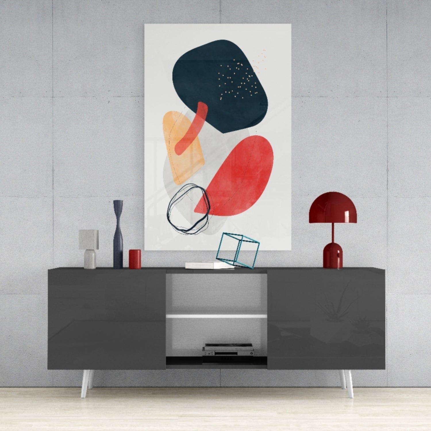 Bold Navy Red Mustard Shapes Glass Wall Art