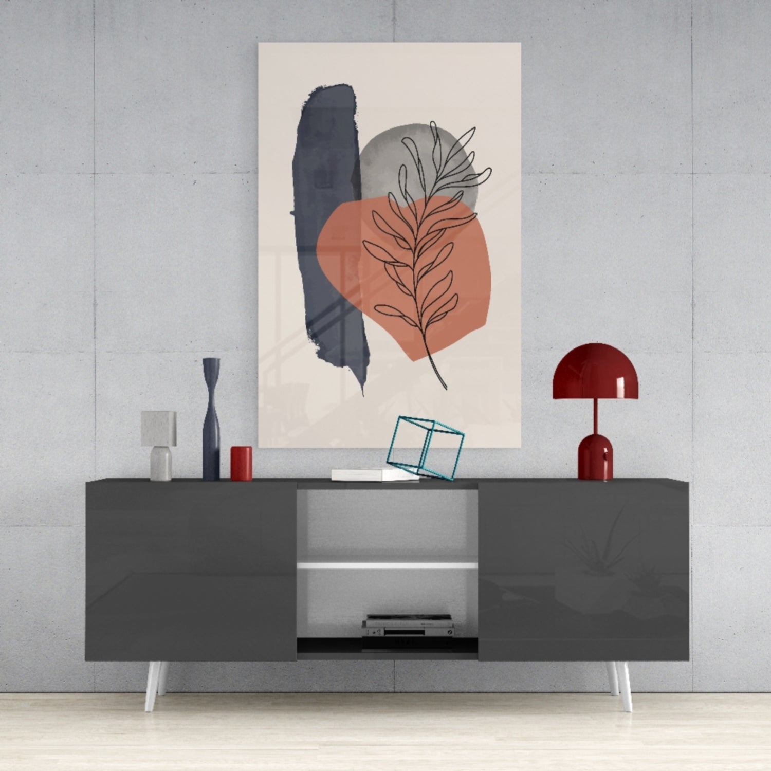 Leaf Sprig Terracotta Navy Brush Glass Wall Art