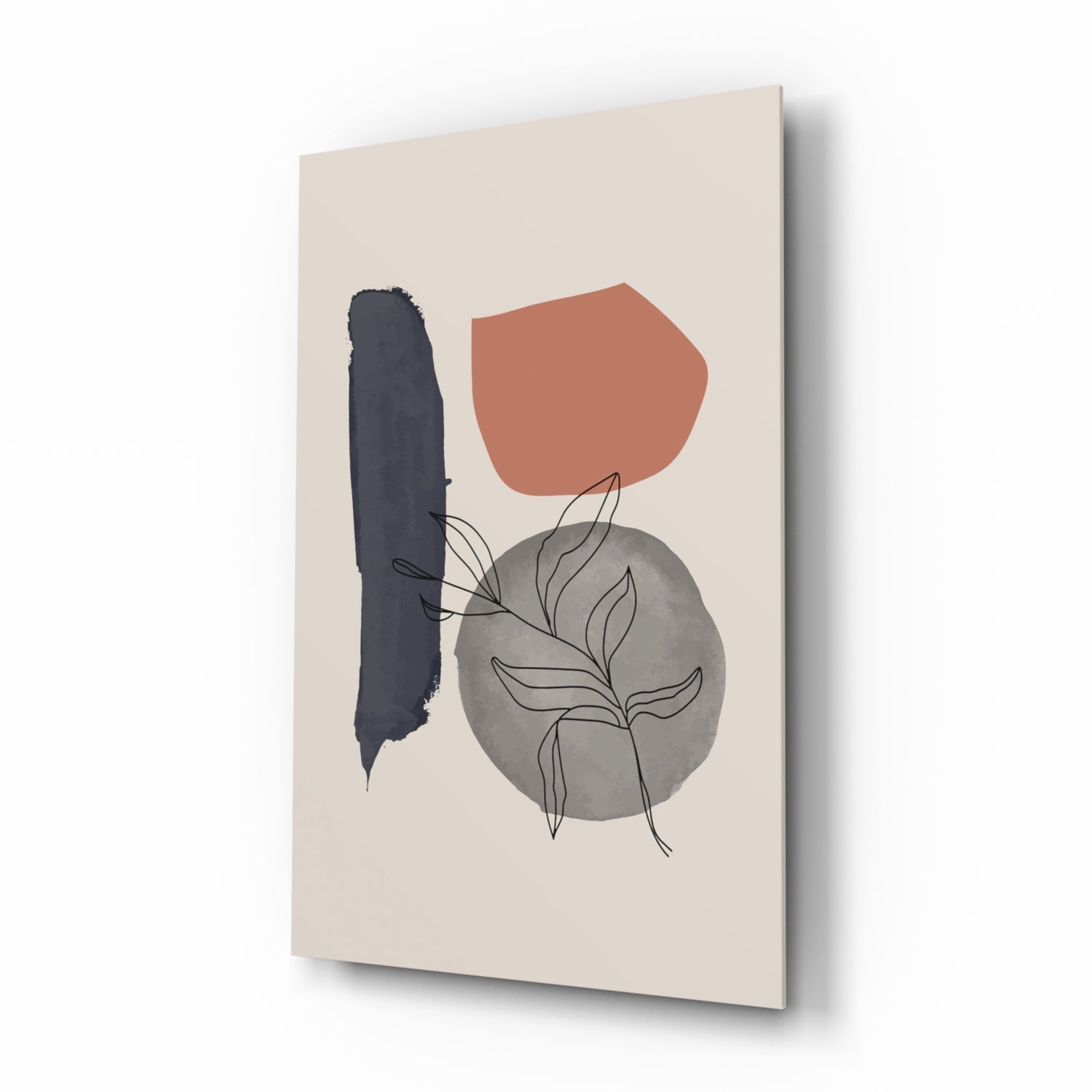 Navy Brush Leaf Grey Circle Glass Wall Art