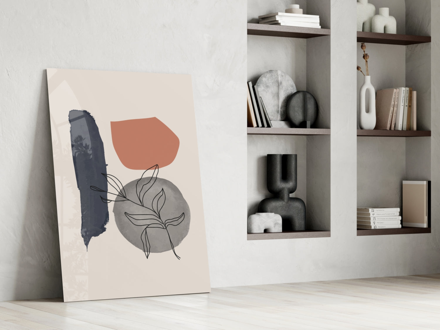 Navy Brush Leaf Grey Circle Glass Wall Art
