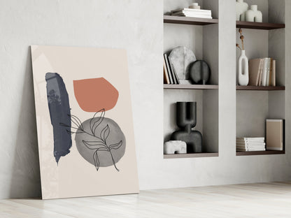 Navy Brush Leaf Grey Circle Glass Wall Art