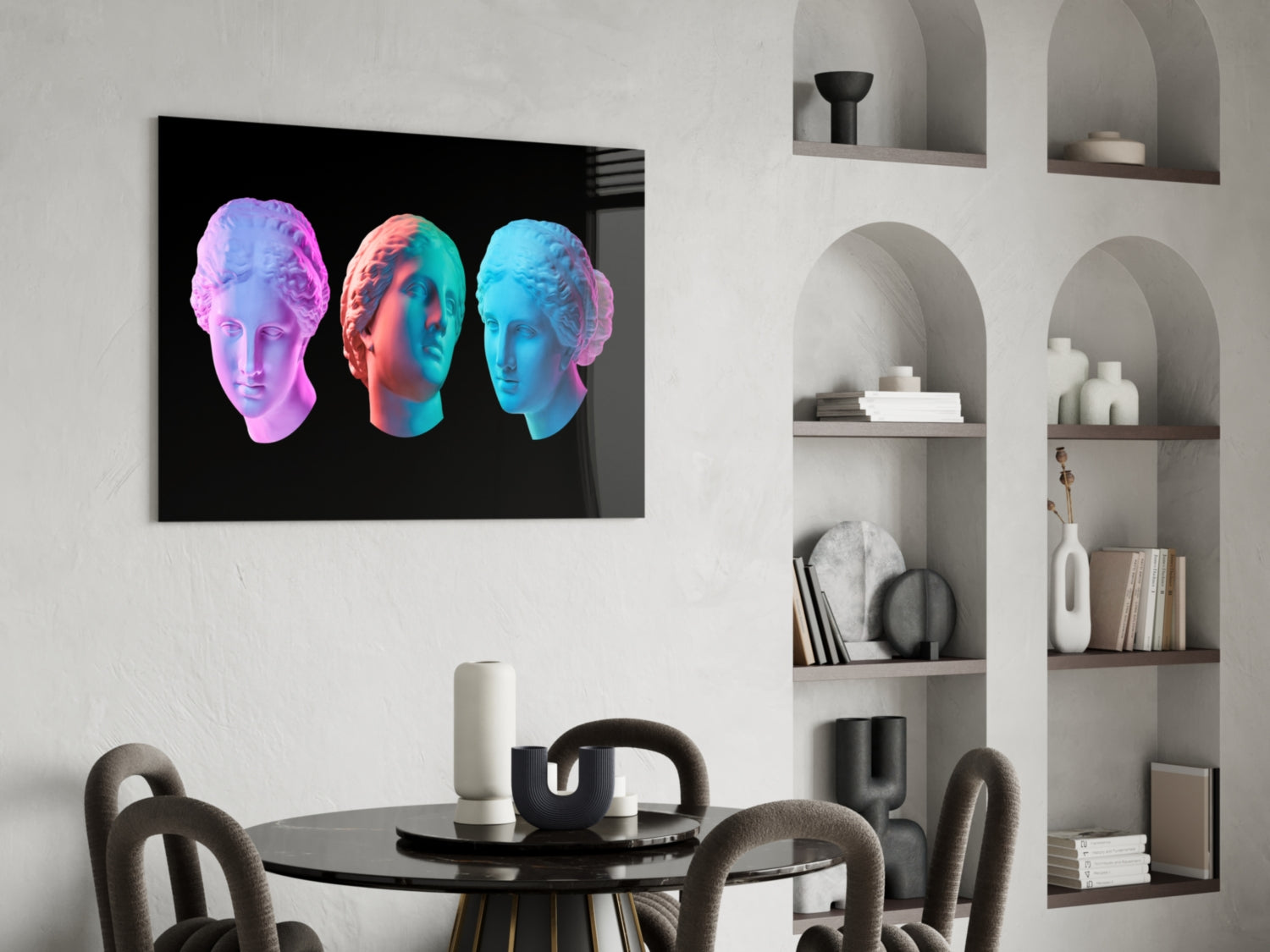 Neon Pastel Trio of Marble Busts Glass Wall Art