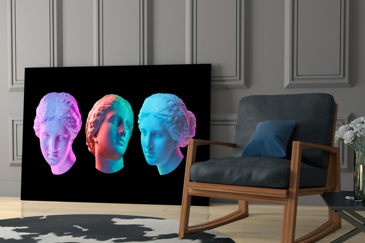 Neon Pastel Trio of Marble Busts Glass Wall Art