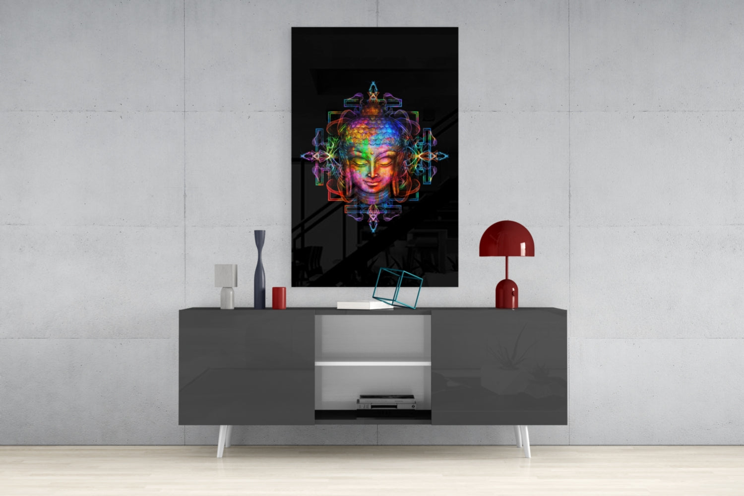 Neon Sacred Geometry Buddha Glass Wall Art