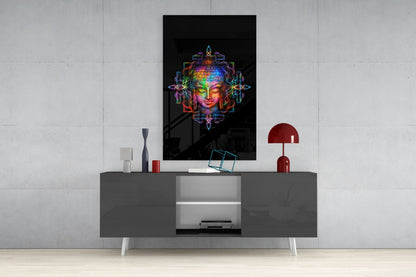 Neon Sacred Geometry Buddha Glass Wall Art