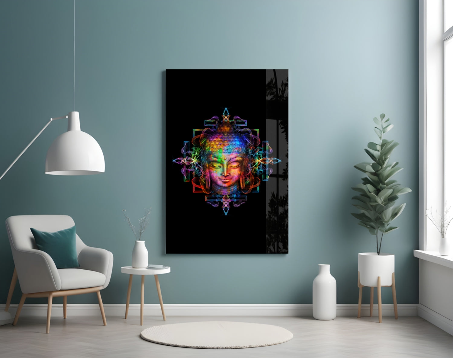 Neon Sacred Geometry Buddha Glass Wall Art