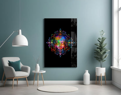 Neon Sacred Geometry Buddha Glass Wall Art