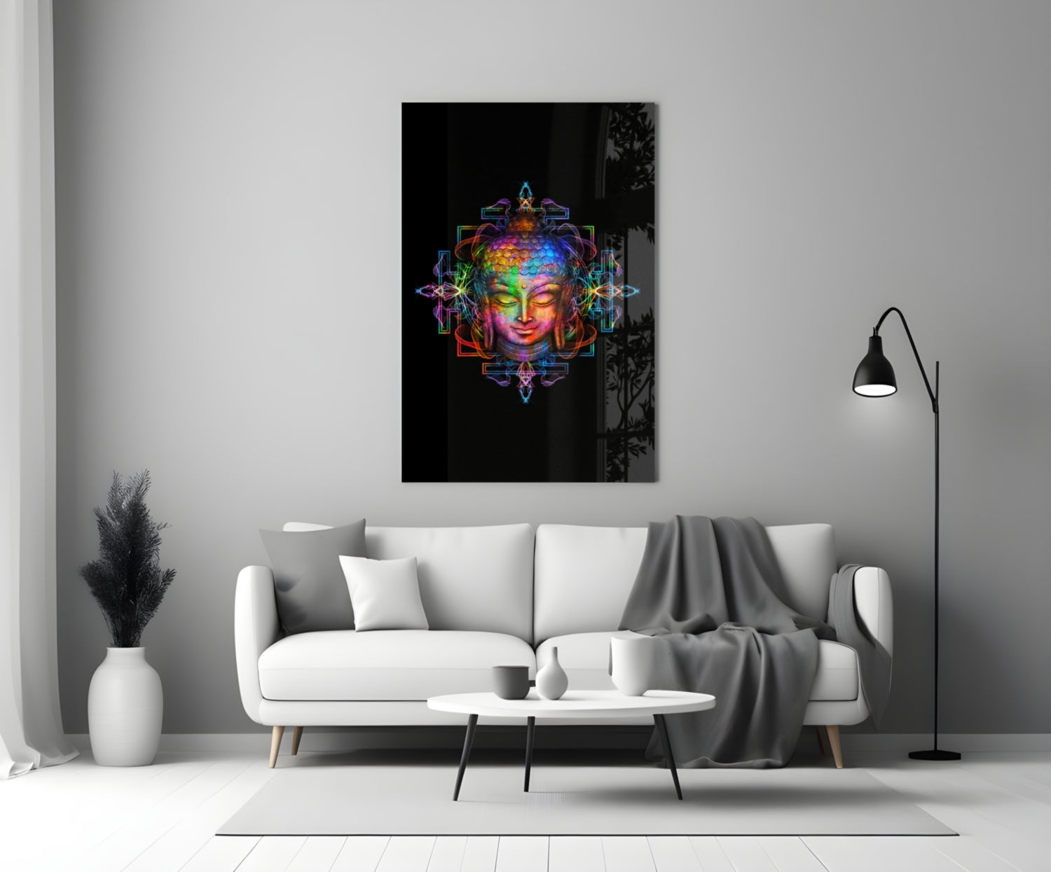 Neon Sacred Geometry Buddha Glass Wall Art