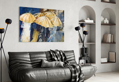 Watercolor Umbrella Crowd On Navy Glass Wall Art