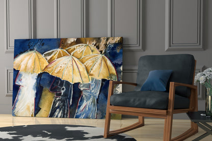 Watercolor Umbrella Crowd On Navy Glass Wall Art