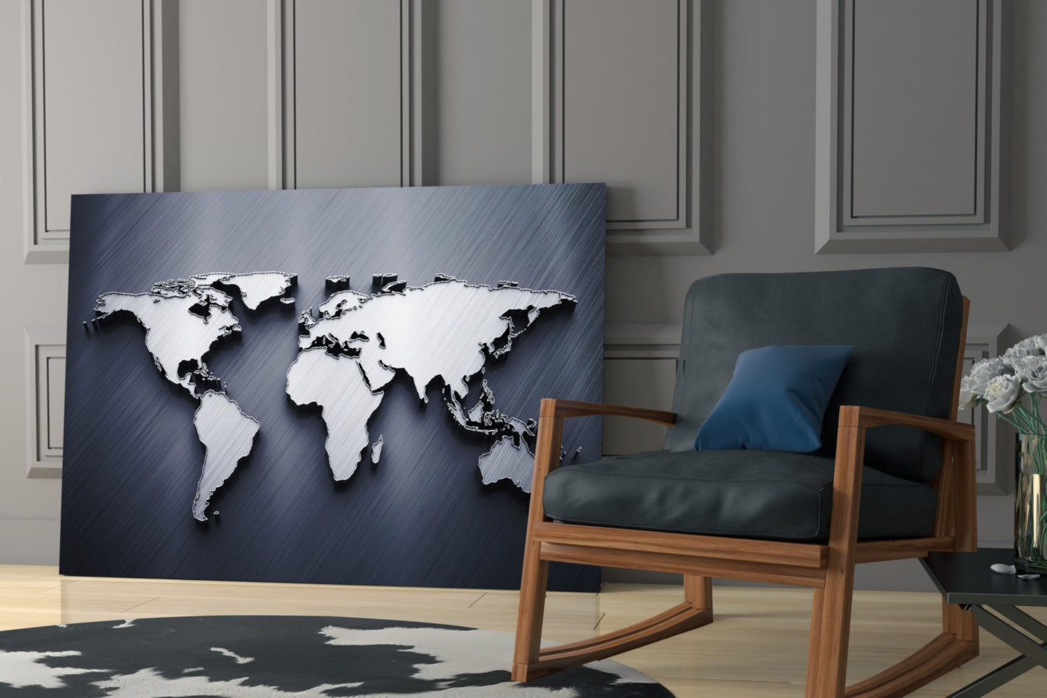 Brushed Steel 3D World Map Glass Wall Art