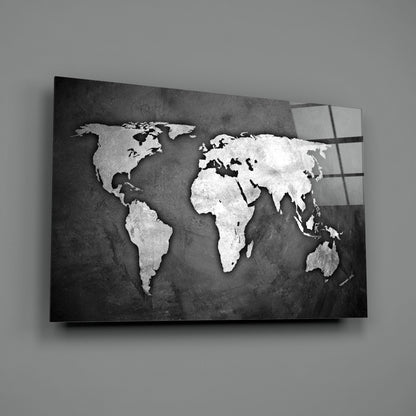 Silver Foil World Map Dark Glass Wall Art