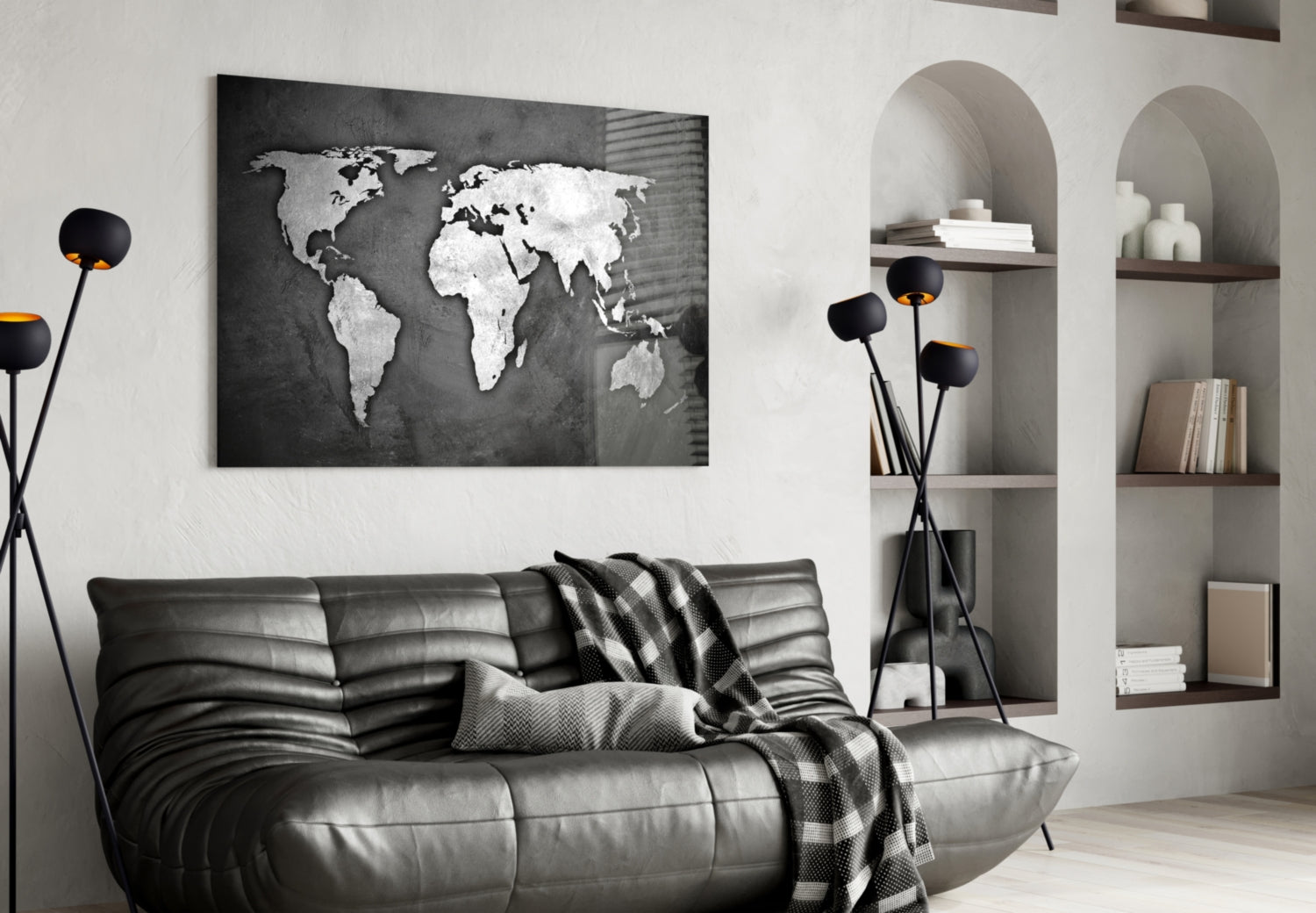 Silver Foil World Map Dark Glass Wall Art