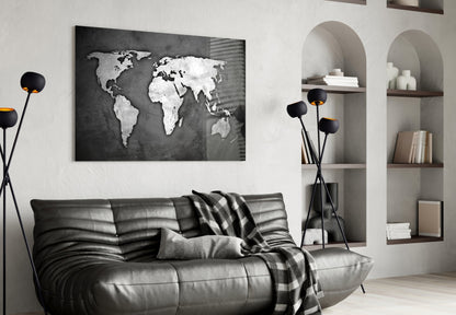 Silver Foil World Map Dark Glass Wall Art