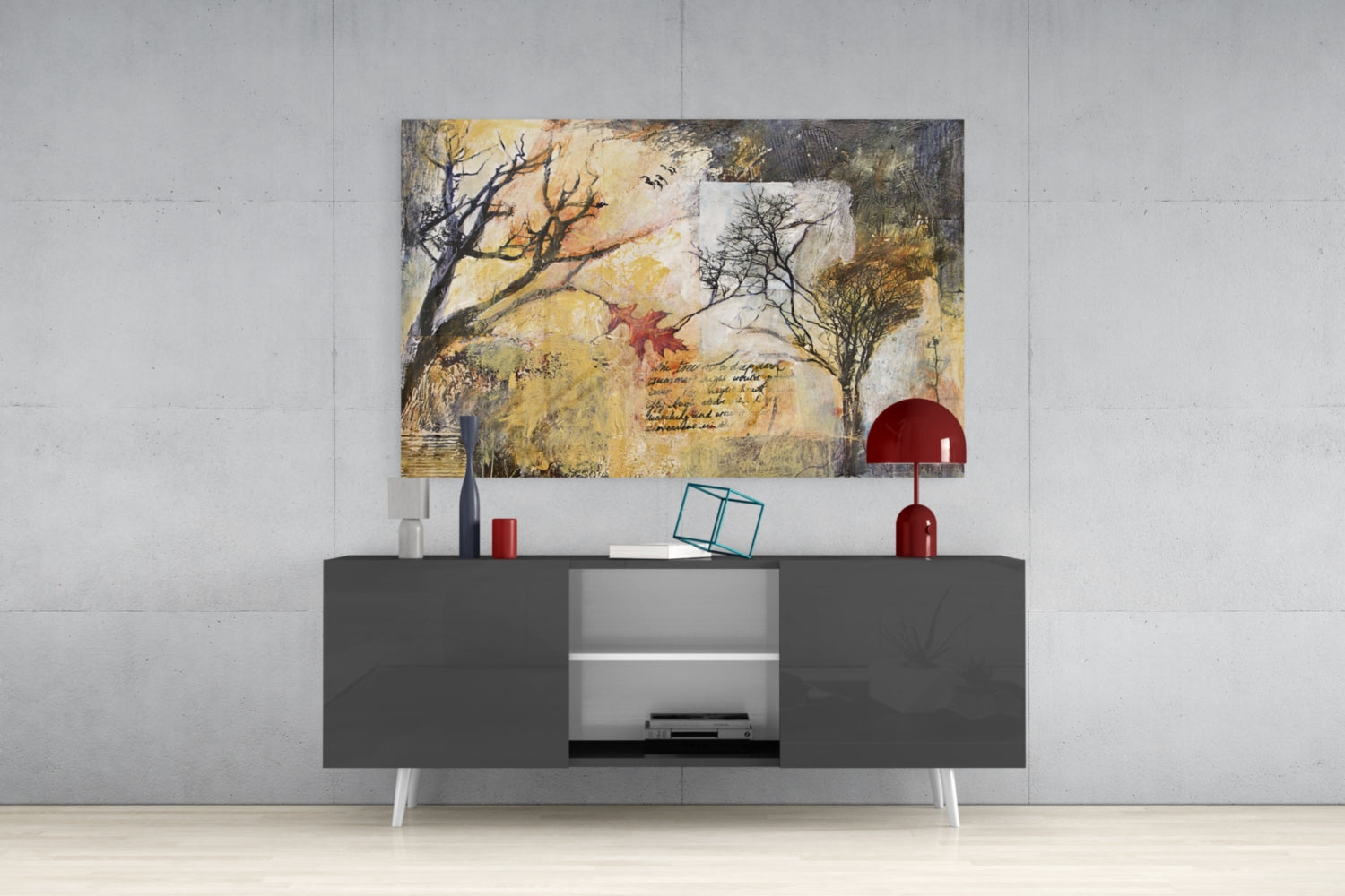 Bare Trees Autumn Collage Script Glass Wall Art