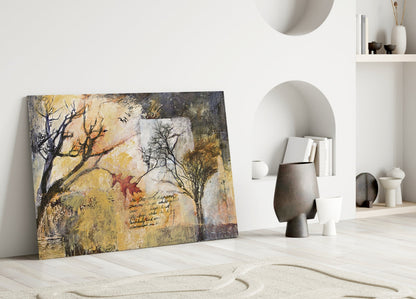 Bare Trees Autumn Collage Script Glass Wall Art
