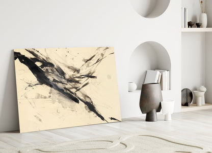 Black Ink Splash Beige Glass Wall Art