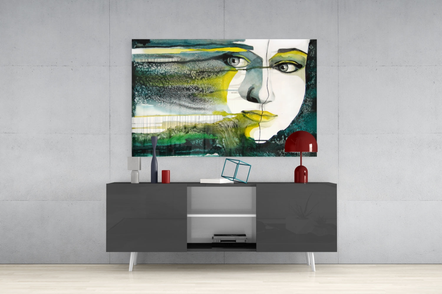 Green Watercolor Face Glass Wall Art