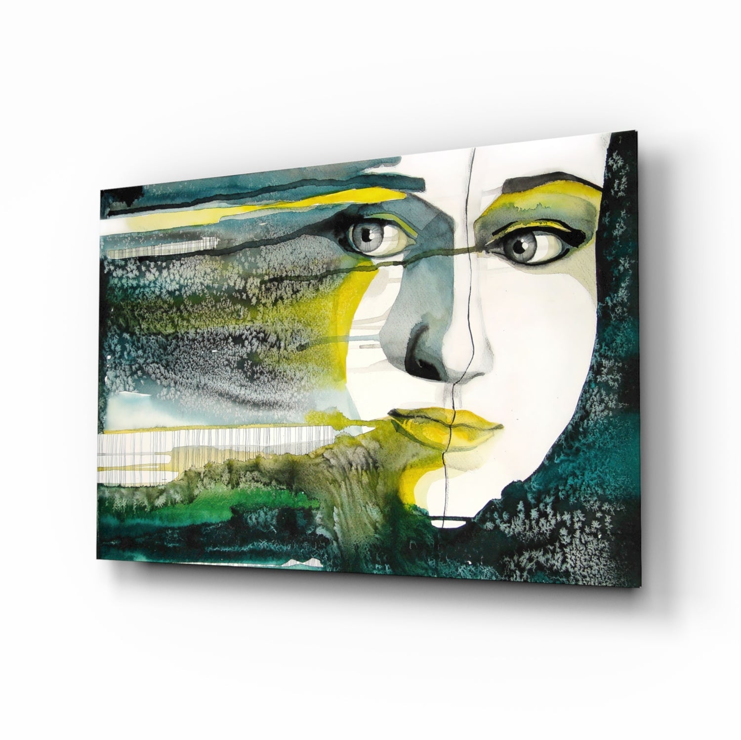Green Watercolor Face Glass Wall Art