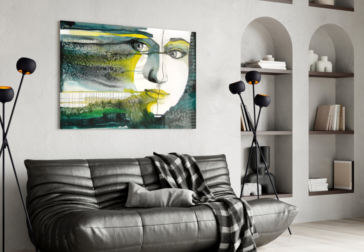 Green Watercolor Face Glass Wall Art