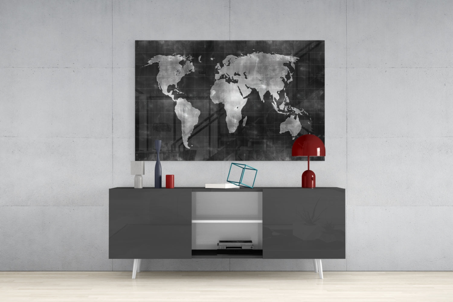 Misty Silver World Map Grid Glass Wall Art