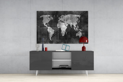 Misty Silver World Map Grid Glass Wall Art