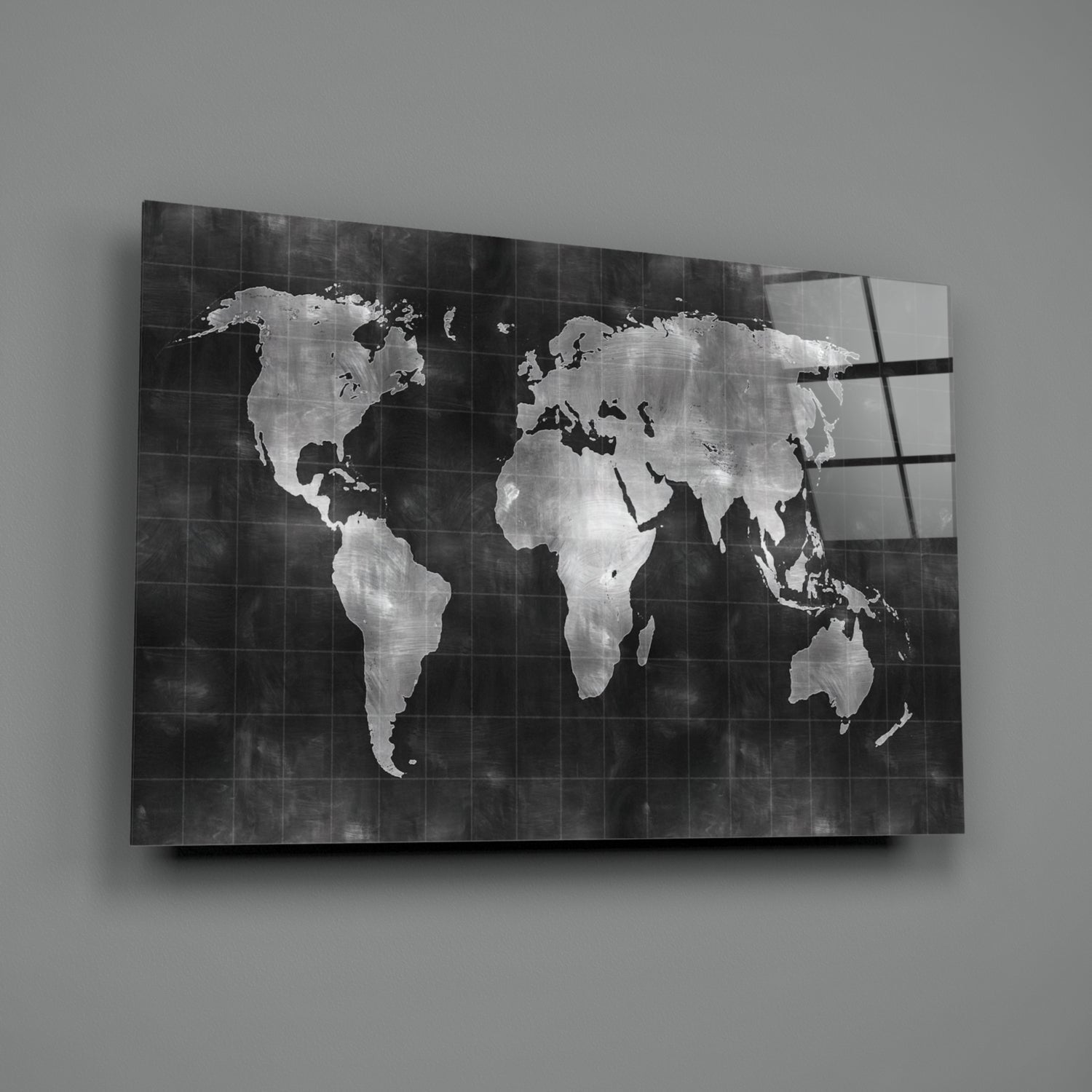 Misty Silver World Map Grid Glass Wall Art