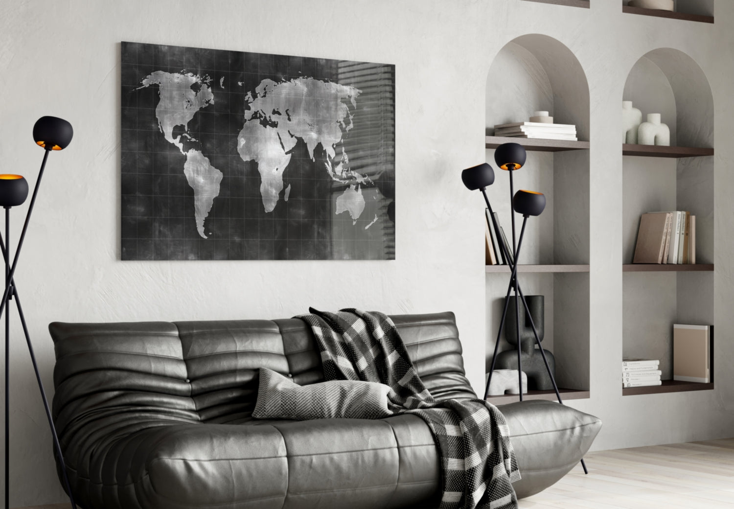 Misty Silver World Map Grid Glass Wall Art