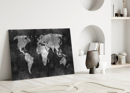 Misty Silver World Map Grid Glass Wall Art