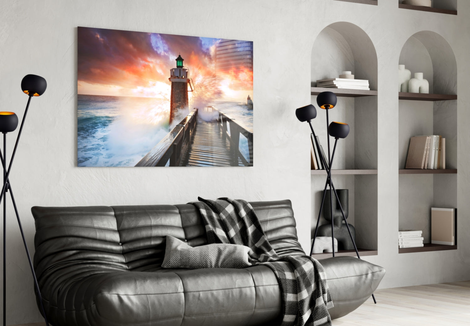 Fiery Sky Stormy Pier Lighthouse Glass Wall Art