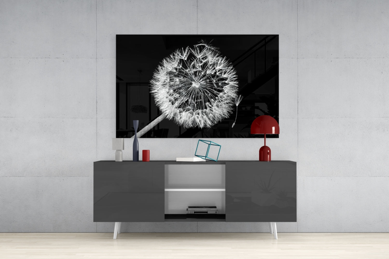 Dandelion Seeds Drifting Black Glass Wall Art