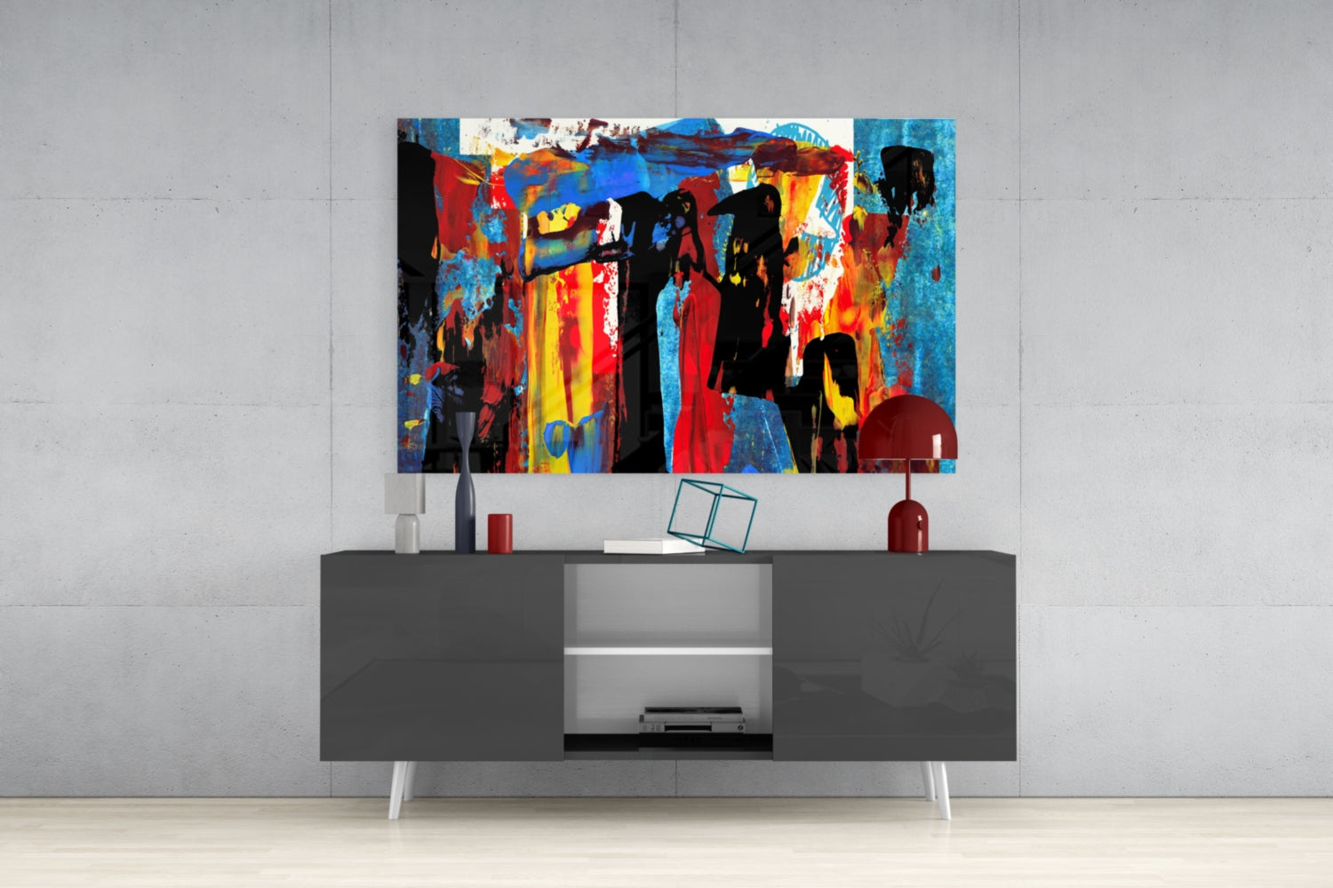 Blue Red Expressive Figures Glass Wall Art