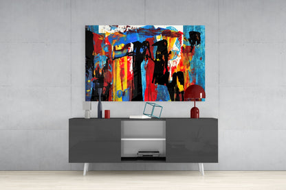 Blue Red Expressive Figures Glass Wall Art
