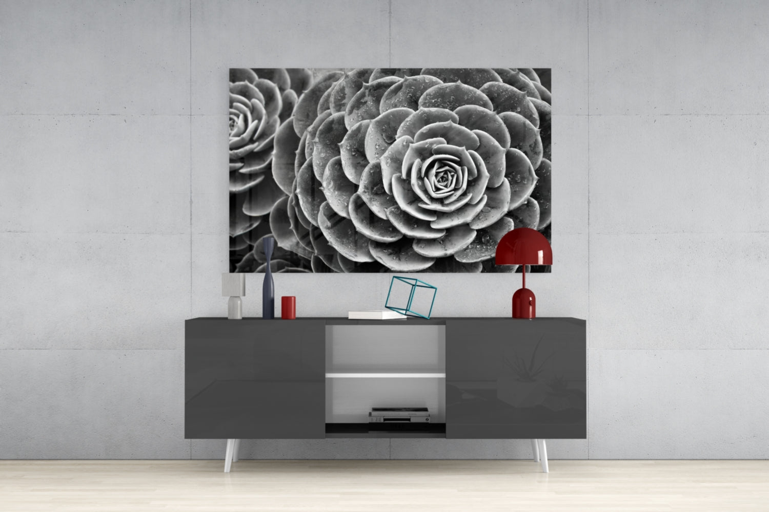 Monochrome Succulent Rosette Glass Wall Art