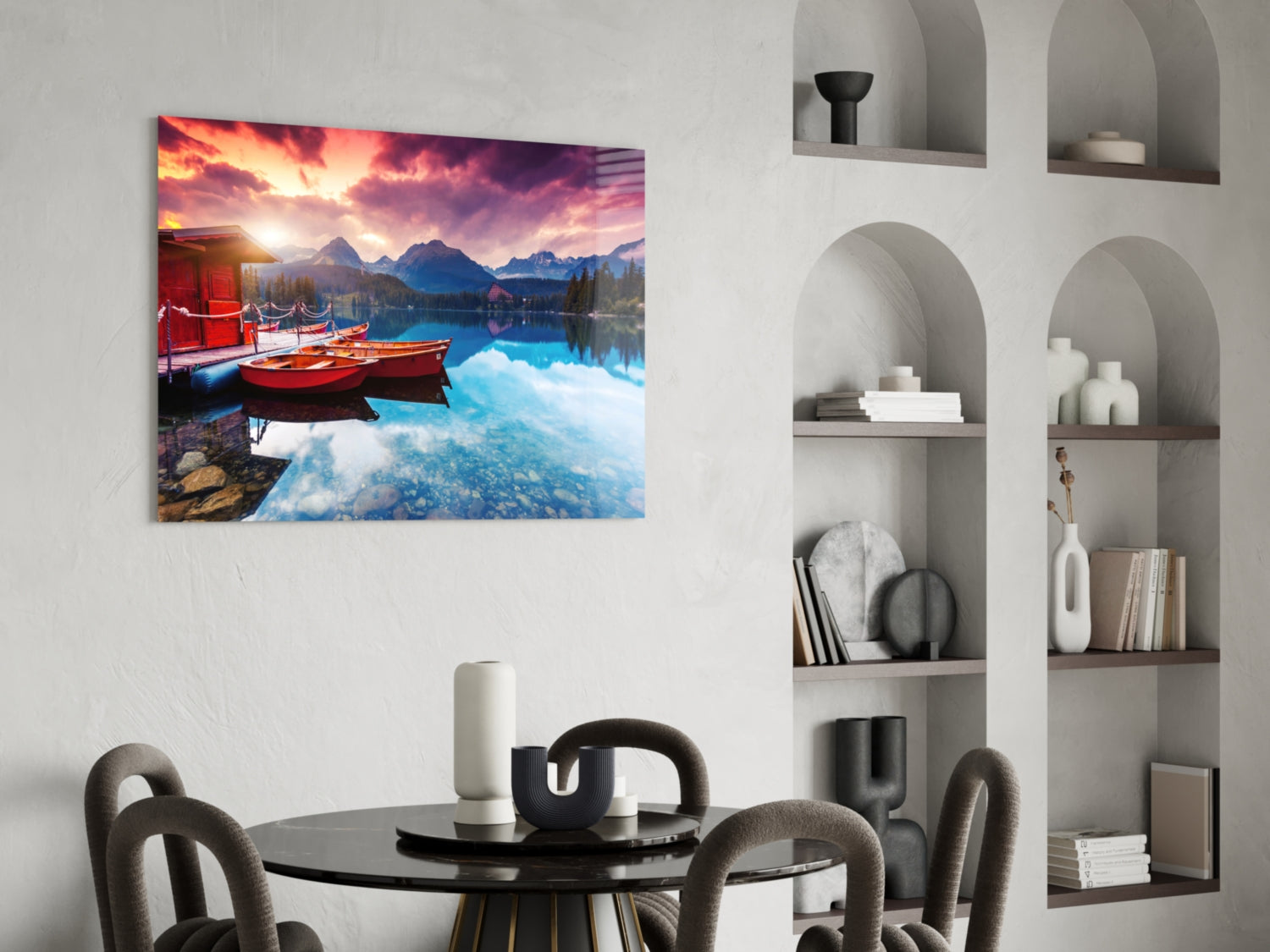 Crimson Sky Boathouse Mountain Lake Glass Wall Art