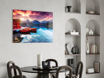 Crimson Sky Boathouse Mountain Lake Glass Wall Art