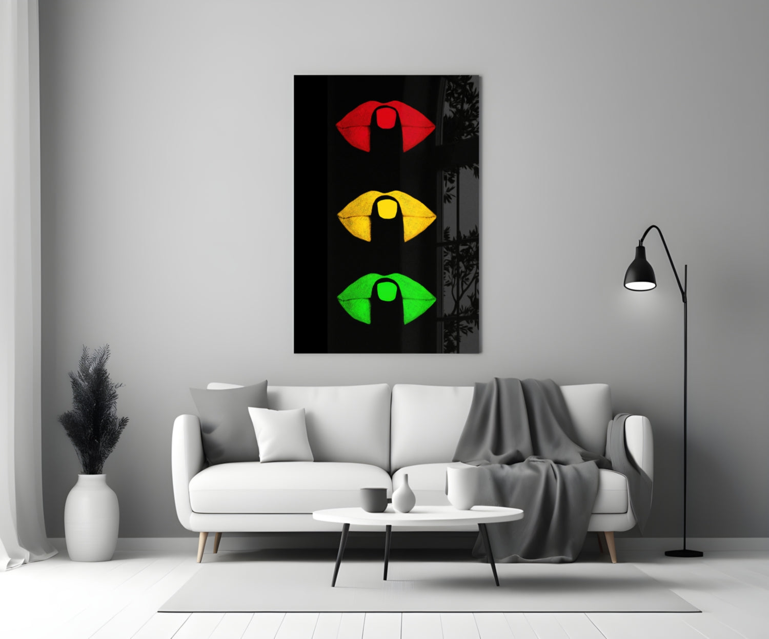 Traffic Light Lips On Black Glass Wall Art