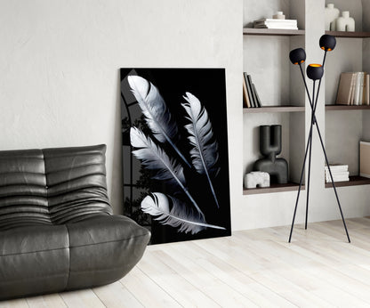 White Feathers on Black Glass Wall Art
