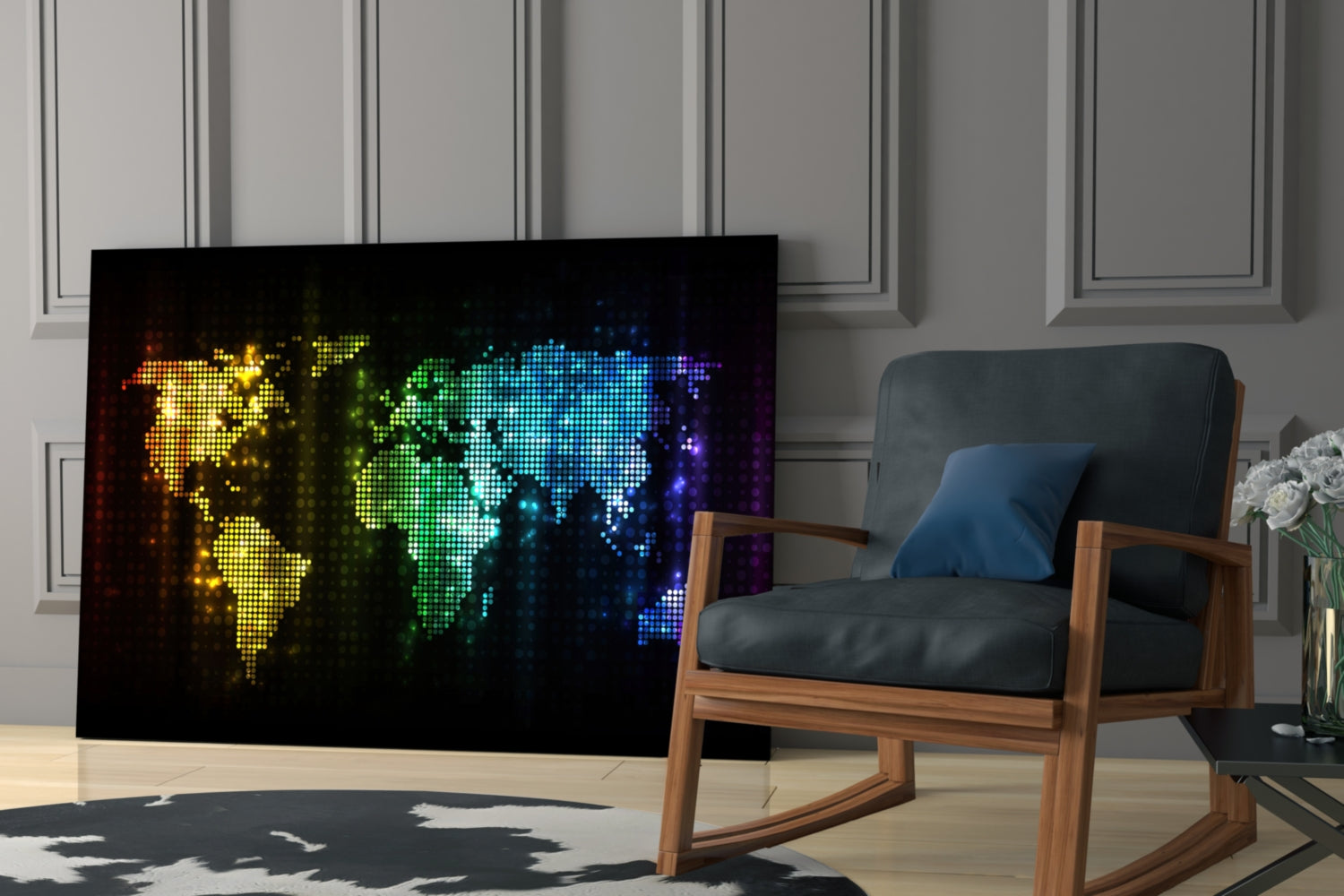 Pixel Rainbow World Map Glass Wall Art