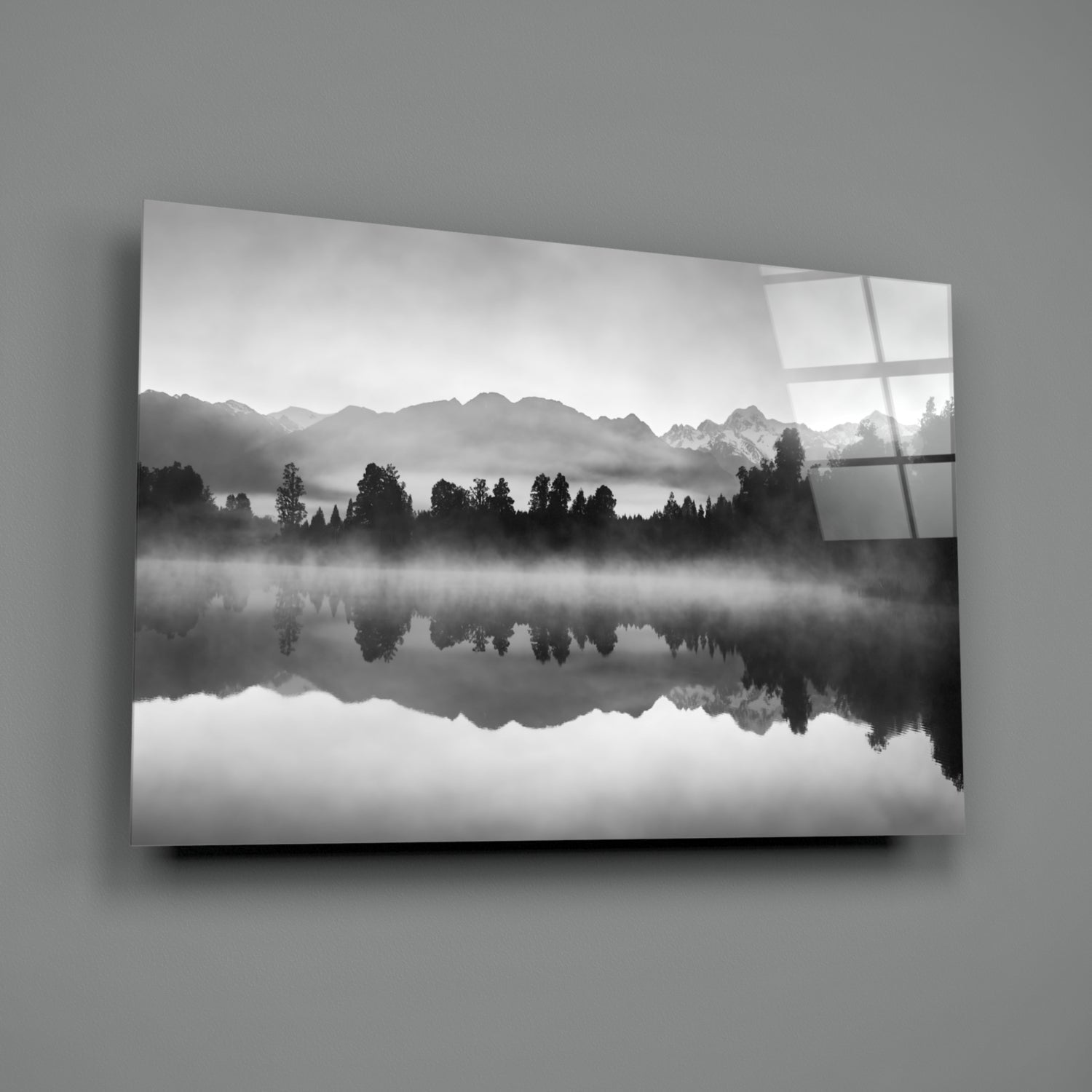 Misty Monochrome Lake Mirror Glass Wall Art