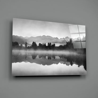 Misty Monochrome Lake Mirror Glass Wall Art