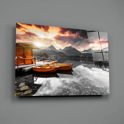 Orange Boats Mountain Lake Selective Color Glass Wall Art