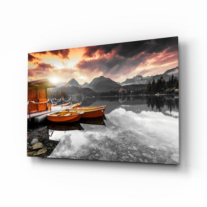 Orange Boats Mountain Lake Selective Color Glass Wall Art