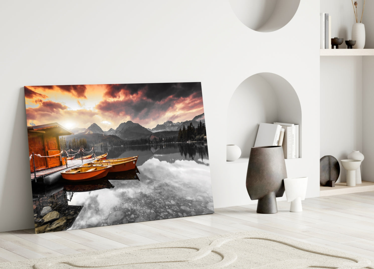 Orange Boats Mountain Lake Selective Color Glass Wall Art