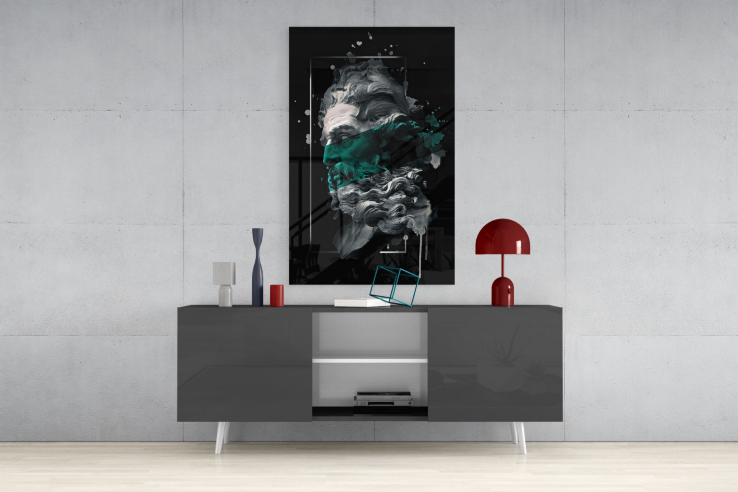 Emerald Paint Stripe Poseidon Bust Glass Wall Art
